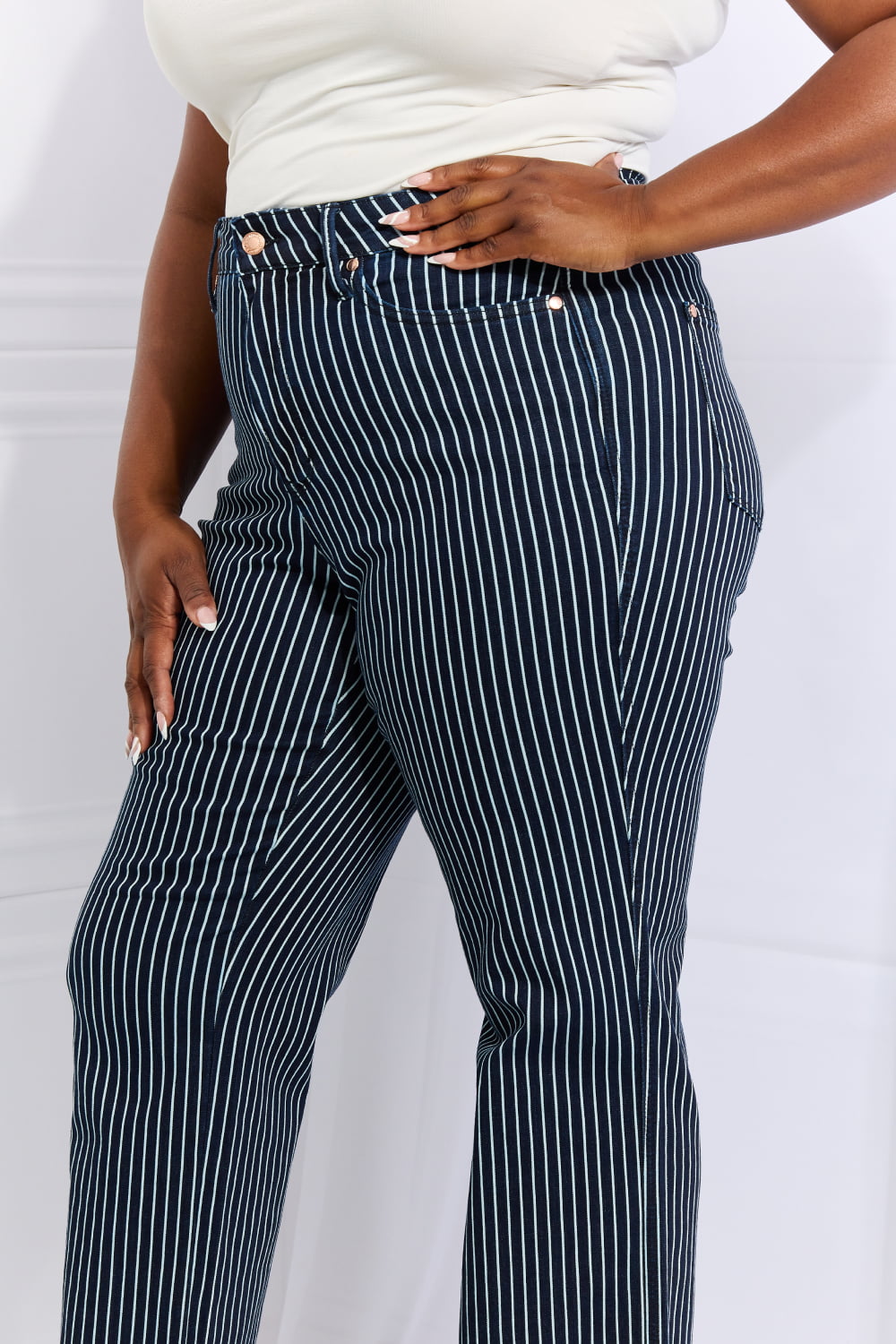 High Waisted Tummy Control Striped Straight Jeans | Tigbuls