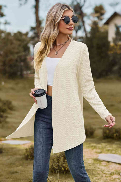 Cable-Knit Long Sleeve Cardigan with Pocket - Tigbuls Variety Fashion