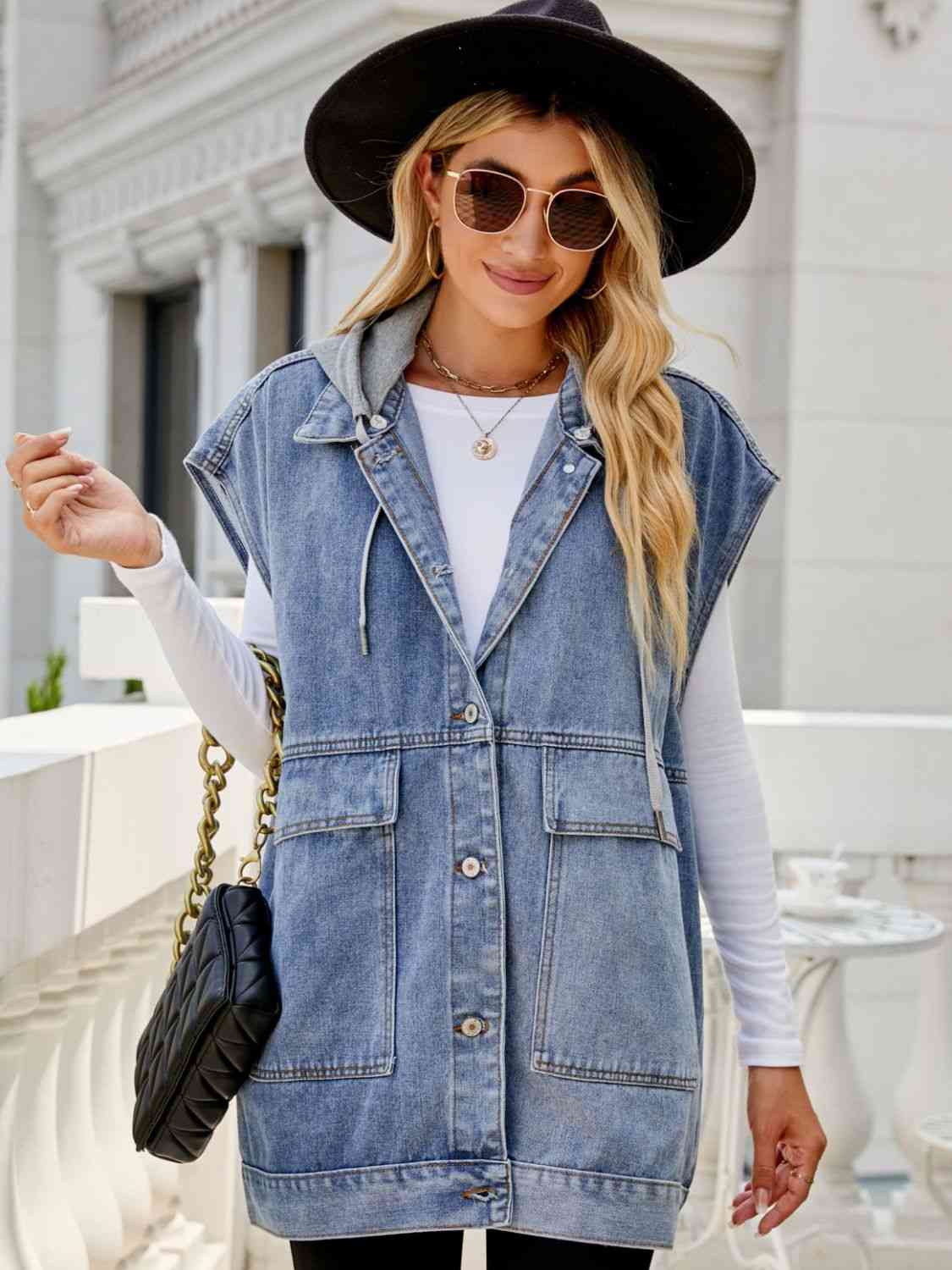 Hooded Sleeveless Denim Top with Pockets - Tigbuls Variety Fashion