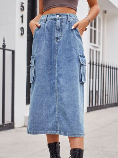 Slit Buttoned Denim Skirt with Pockets - Tigbuls Variety Fashion