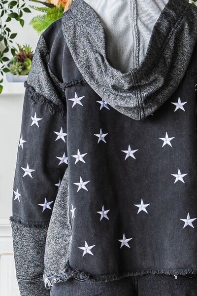 Veveret Star Embroidered Hooded Denim Jacket - Tigbuls Variety Fashion