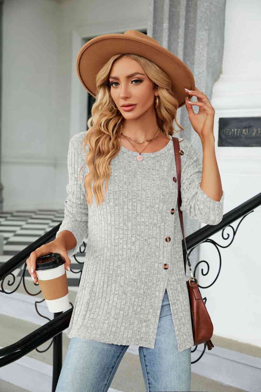 Buttoned Long Sleeve Slit Top - Tigbuls Variety Fashion