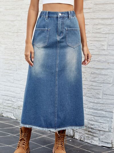 Raw Hem Buttoned Denim Skirt with Pockets - Tigbuls Variety Fashion