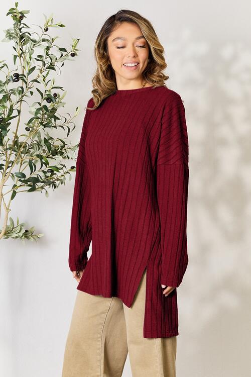 Ribbed Round Neck Long Sleeve High Low Top - Tigbuls Variety Fashion