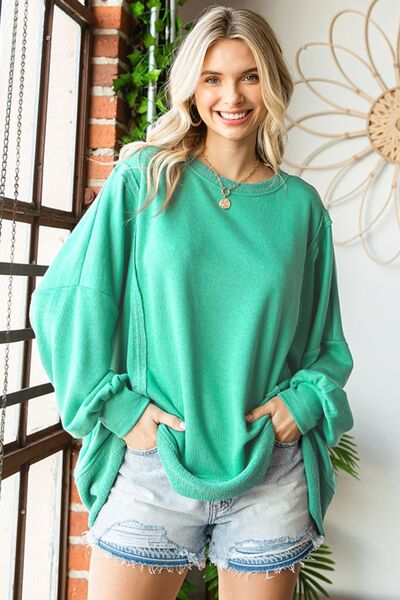 First Love Exposed Seam Round Neck Dropped Shoulder Blouse - Tigbuls Variety Fashion