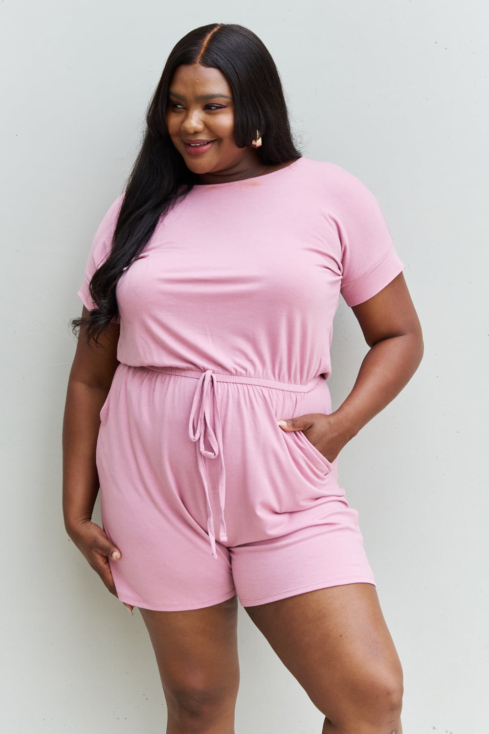 Zenana Chilled Out Full Size Short Sleeve Romper in Light Carnation Pink - Tigbul's Fashion