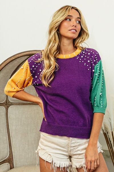 BiBi Color Block Pearl Detail Round Neck Sweater - Tigbuls Variety Fashion
