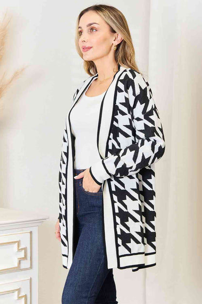 Woven Right Houndstooth Open Front Longline Cardigan - Tigbuls Variety Fashion