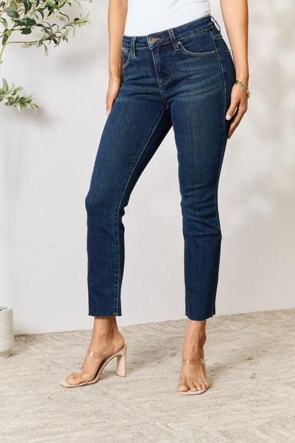 Solid Dark Wash Raw Hem Straight Jeans - Tigbuls Variety Fashion