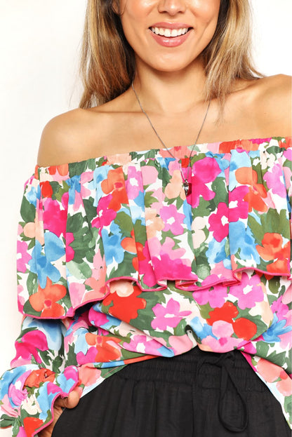 Double Take Floral Off-Shoulder Flounce Sleeve Layered Blouse - Tigbuls Variety Fashion