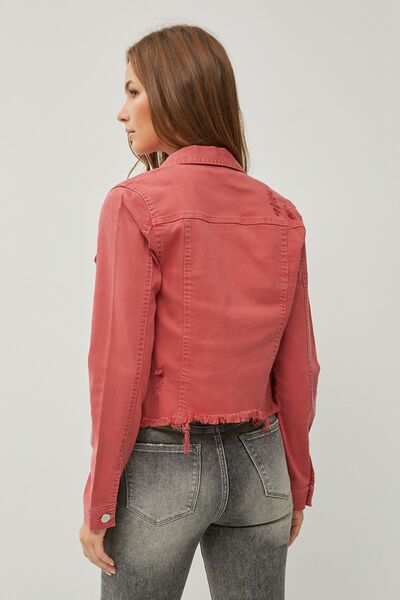 Brick Red Raw Hem Button Up Cropped Denim Jacket - Tigbuls Variety Fashion