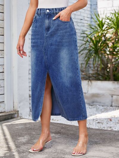 Slit Midi Denim Skirt with Pockets - Tigbuls Variety Fashion