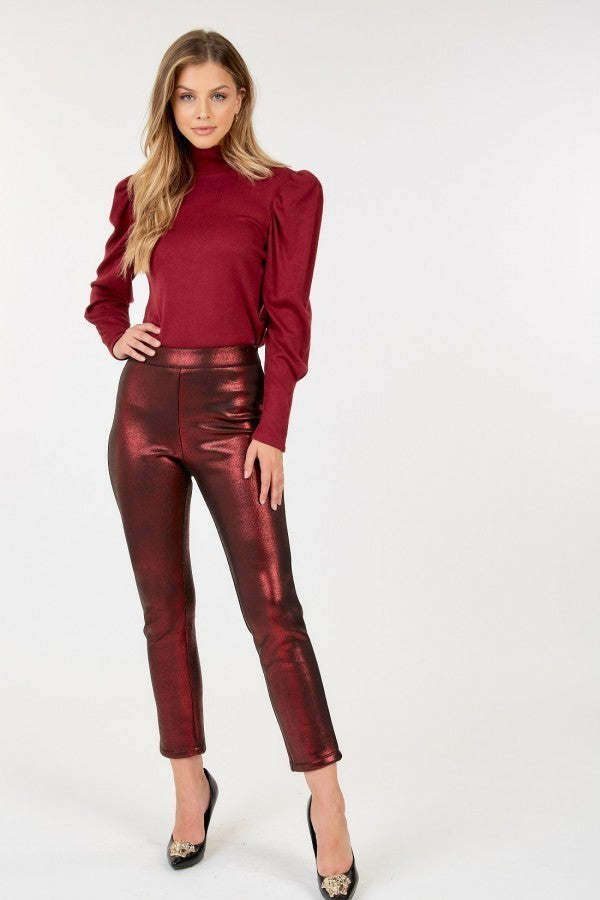 Burgundy animal-skin style vinyl ankle pants, high-waist fit with slim legs