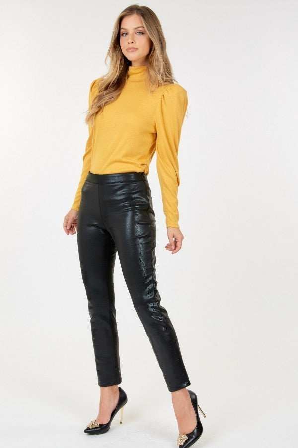 Black glossy vinyl ankle pants with animal-skin texture, slim tapered fit
