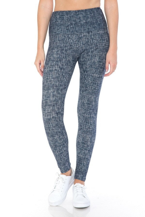Blue high-waist leggings with sleek fit and heathered pattern, side view