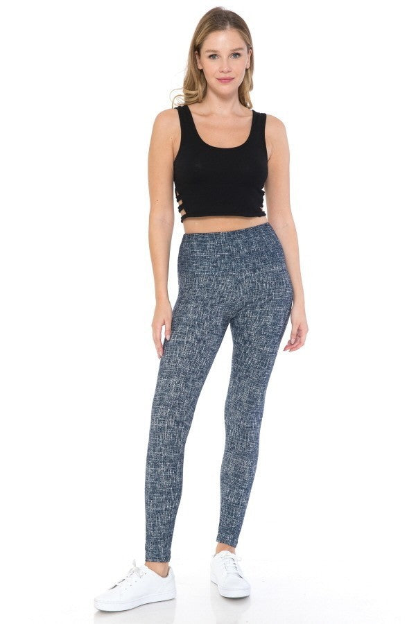 Blue high-waist leggings, heathered knit with ankle-length skinny leg