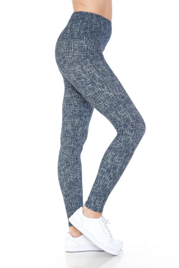 Blue high-waist leggings with heathered texture, full-length skinny fit