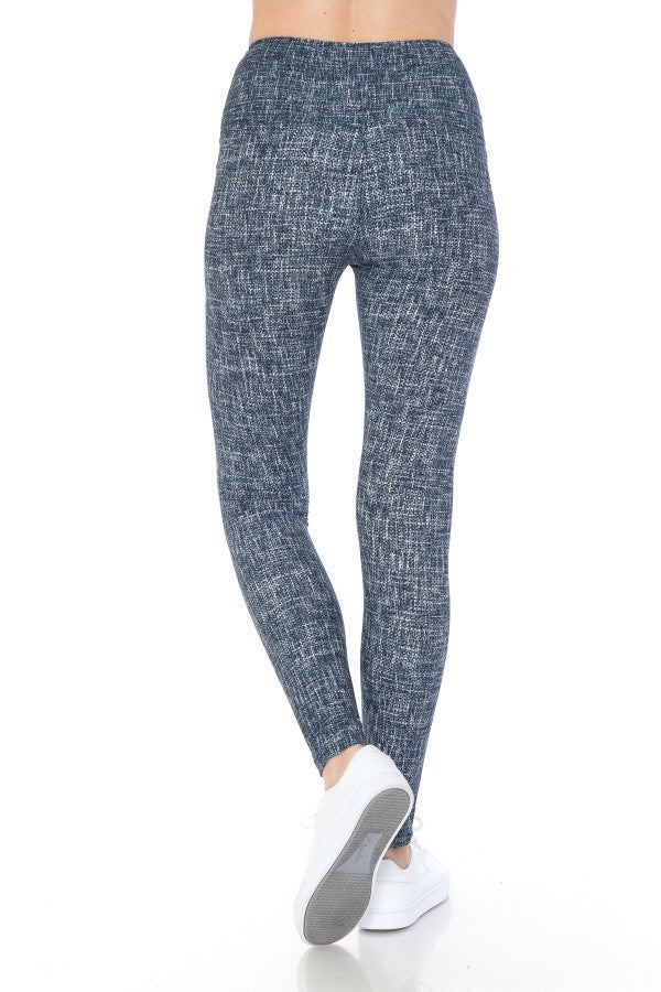 Blue high-waist leggings, textured knit, tapered leg from waist to ankle