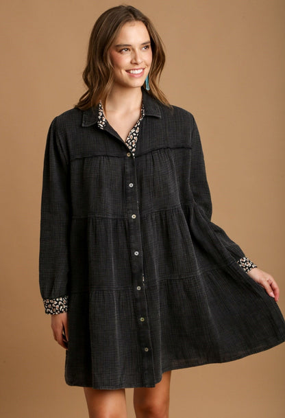 Ash Gray Mineral Wash Cotton Gauze Tiered Dress - Tigbul's Variety Fashion Shop