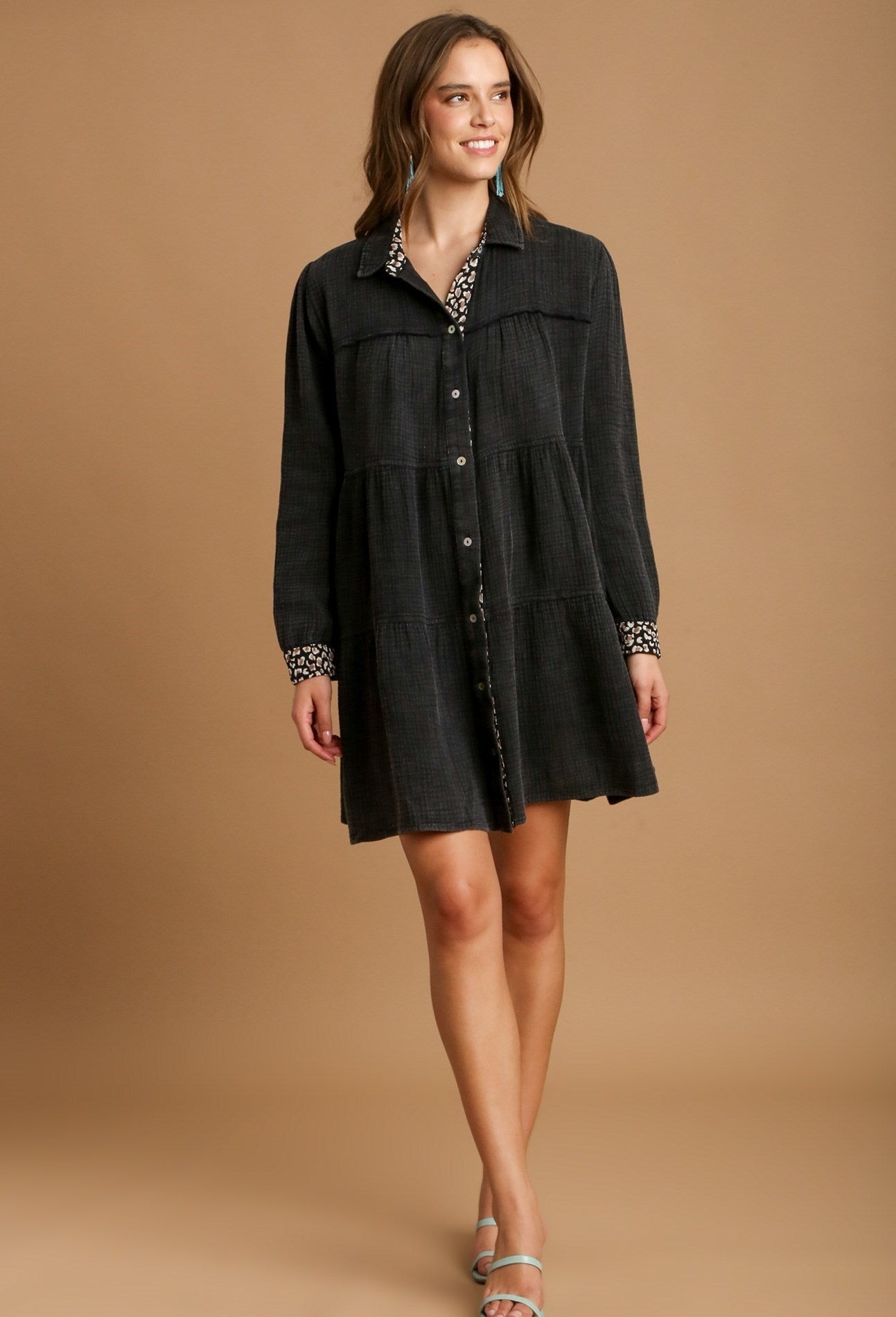 Ash Gray Mineral Wash Cotton Gauze Tiered Dress - Tigbul's Variety Fashion Shop