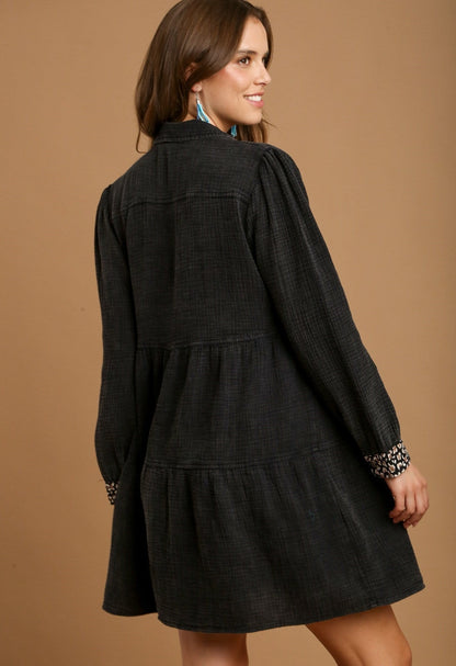 Ash Gray Mineral Wash Cotton Gauze Tiered Dress - Tigbul's Variety Fashion Shop