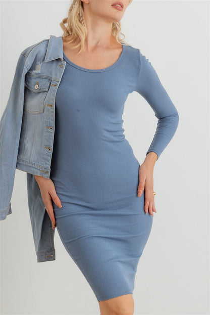 Blue Ribbed Long Sleeve Mini Dress - Tigbul's Variety Fashion Shop