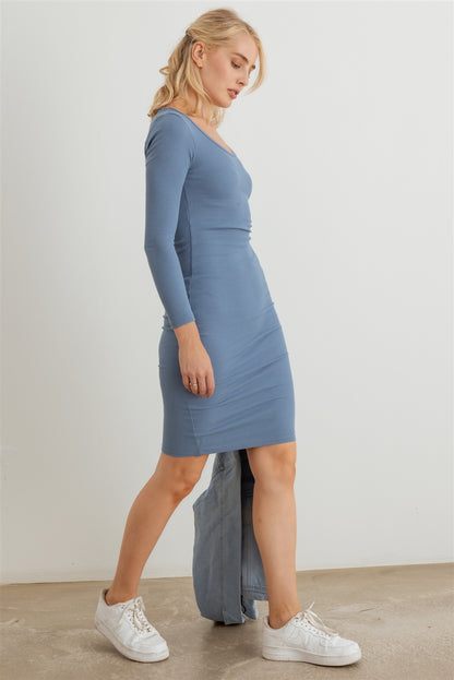 Blue Ribbed Long Sleeve Mini Dress - Tigbul's Variety Fashion Shop