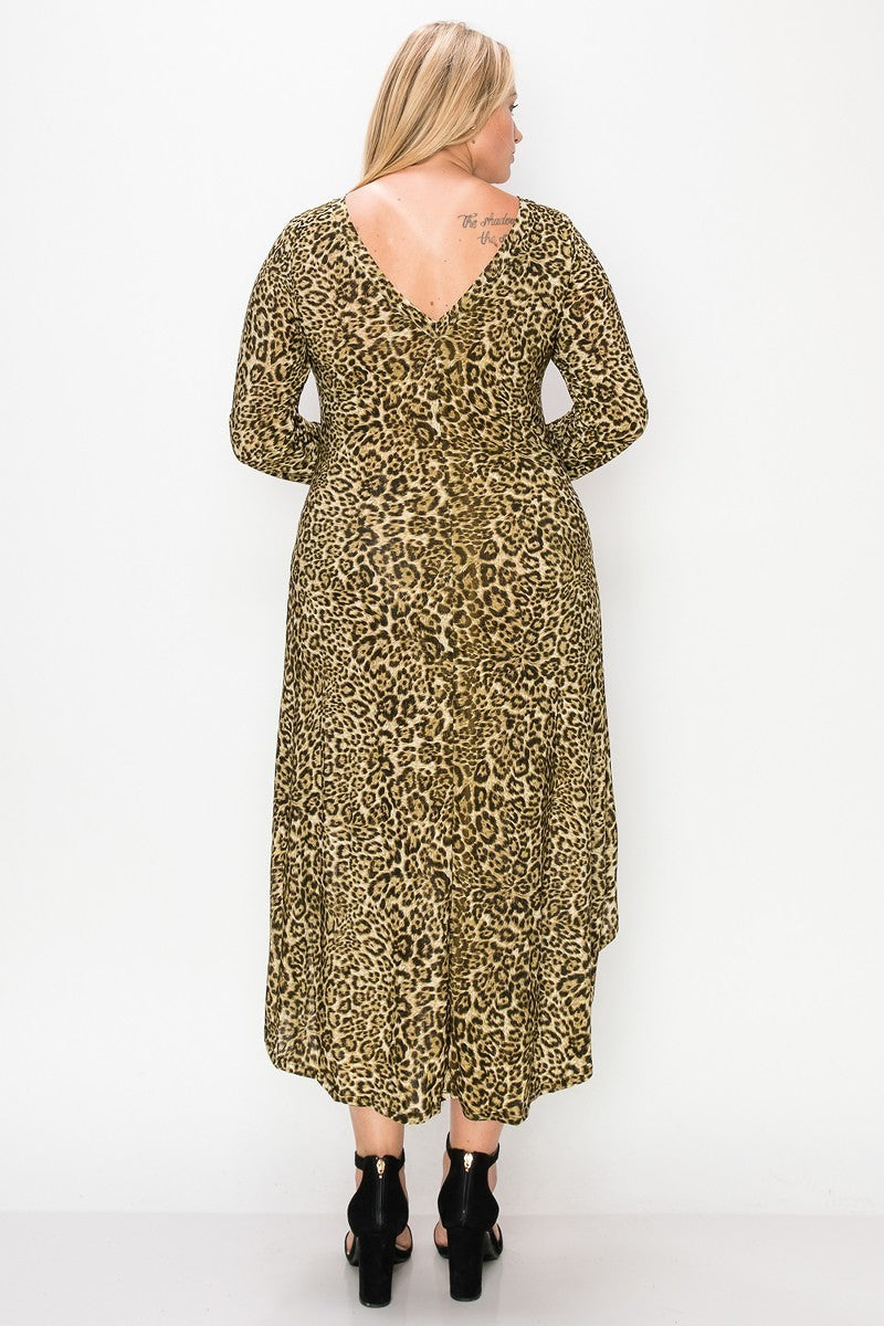 Olive cheetah print dress, back view, V-neck and high-low hem