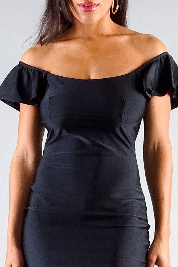 Off Shoulder Ruffle Sleeve Bodycon Mini Dress Black | Tigbuls