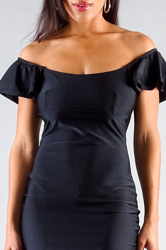Convertible Off Shoulder Ruffle Sleeve Bodycon Mini Dress Black - Tigbul's Variety Fashion Shop