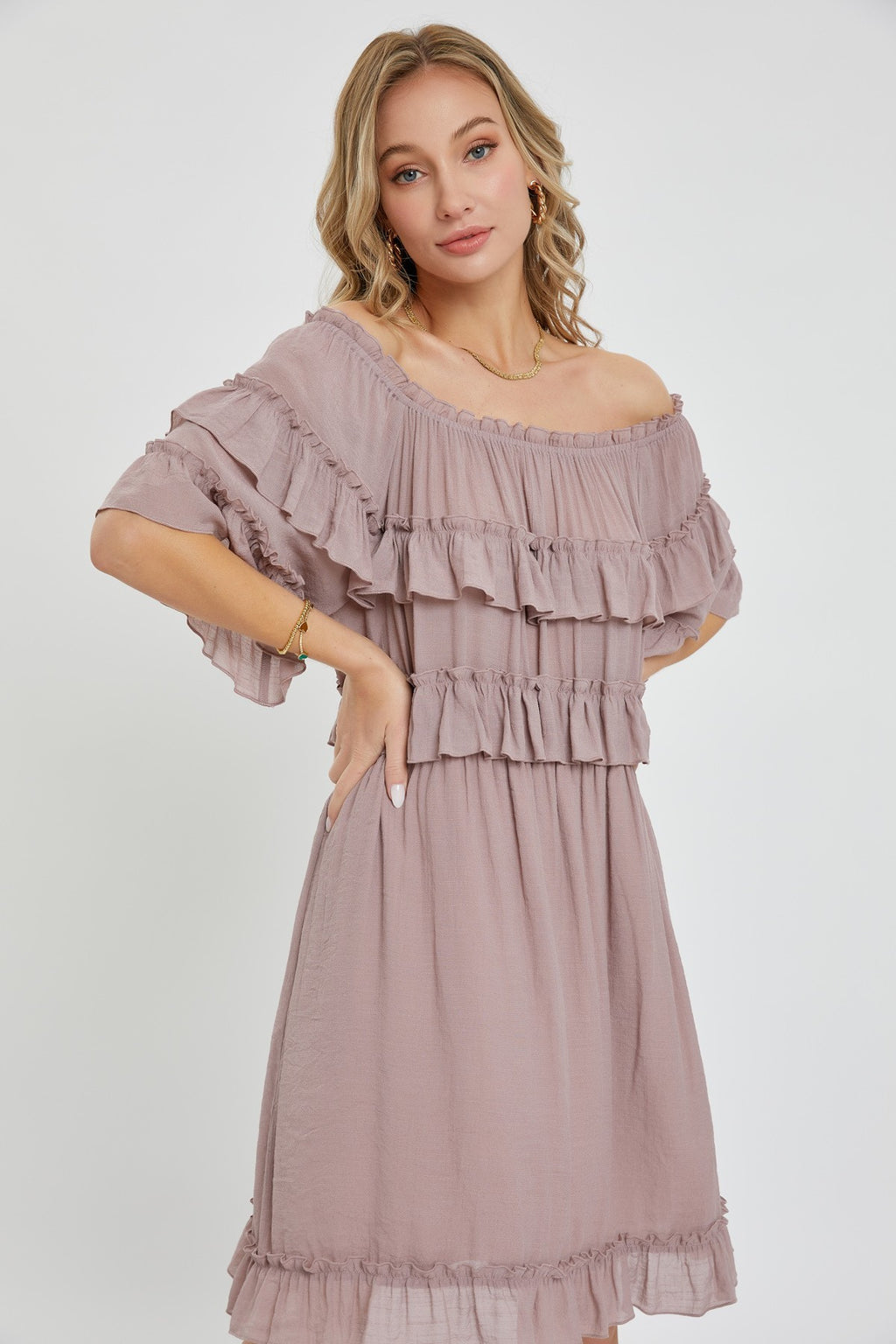 Dark mauve off-shoulder ruffle knee-length dress with tiered bodice