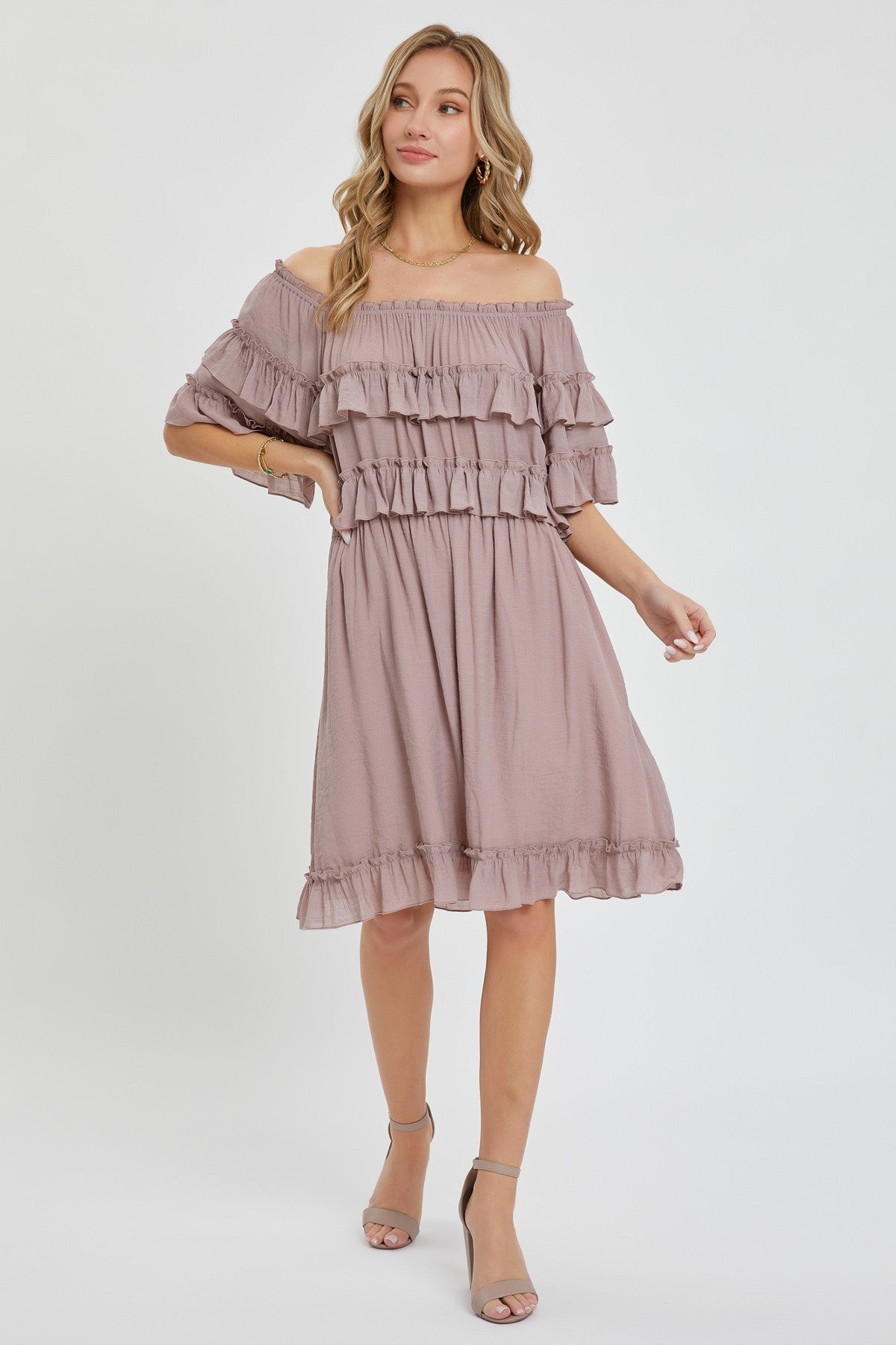 Dark mauve off-shoulder ruffle knee-length dress with gathered skirt hem