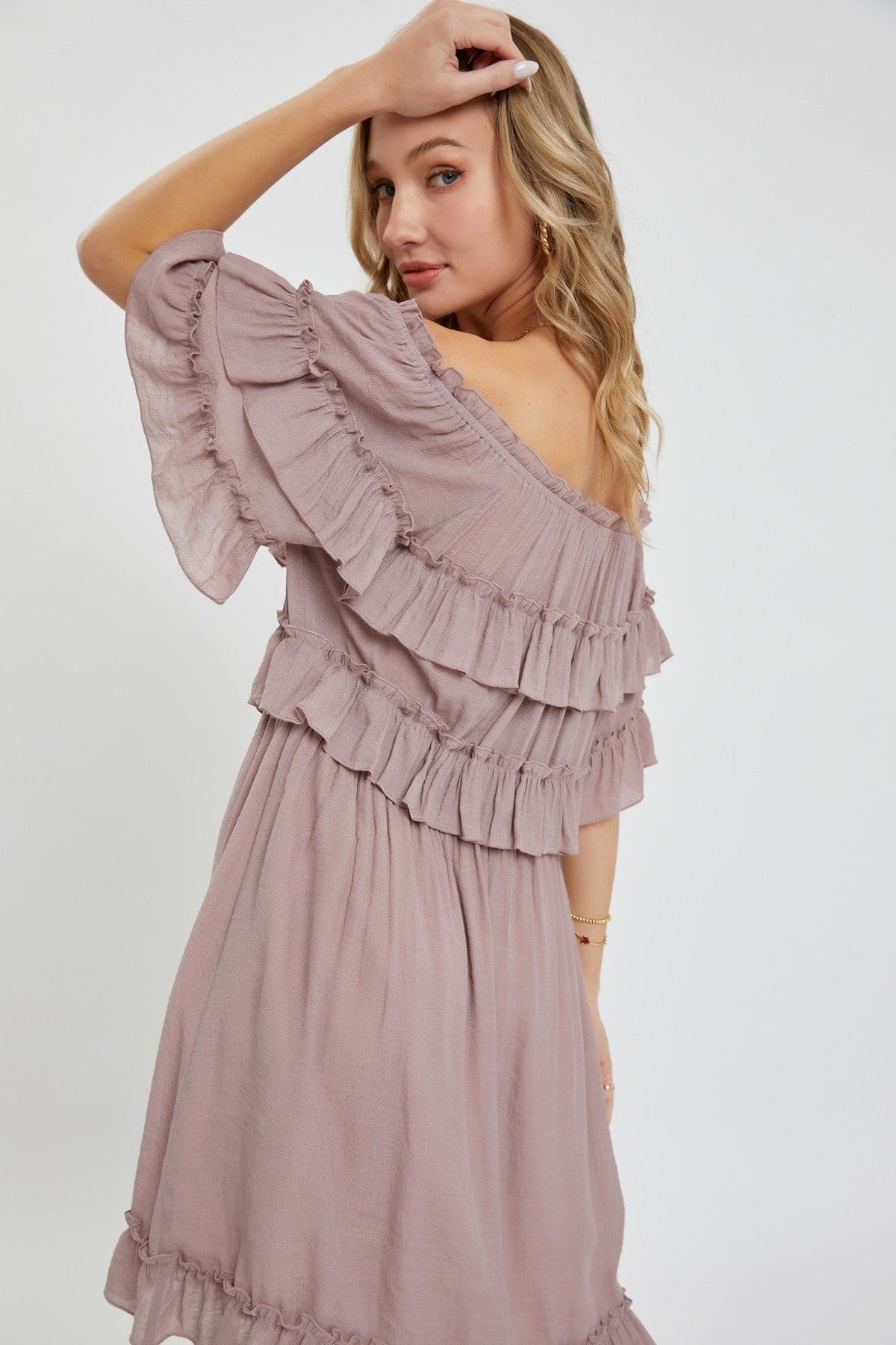 Dark mauve off-shoulder ruffle dress with layered frill sleeves