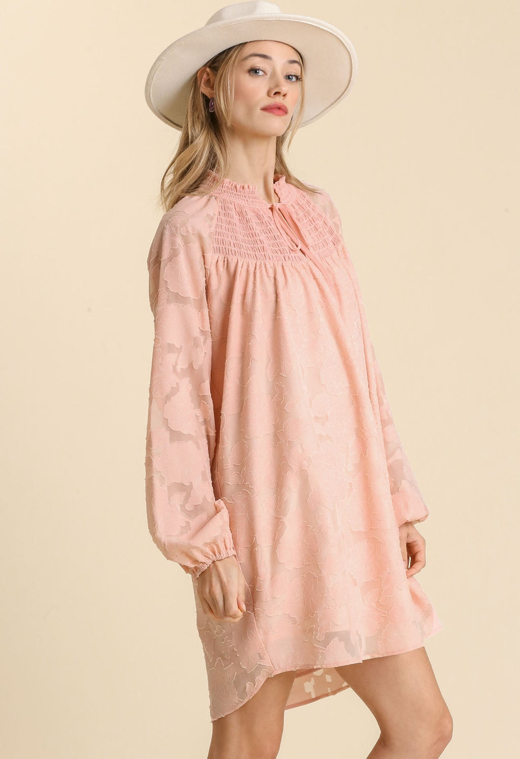 Blush short dress with smocked tie neckline and raglan sleeves