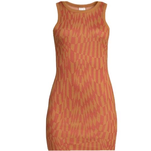 Brown sleeveless knit dress with geometric print and crew neckline