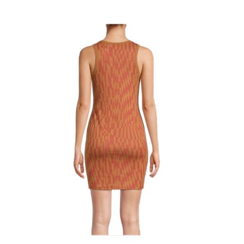 Brown sleeveless knit dress, geometric pattern, open back view