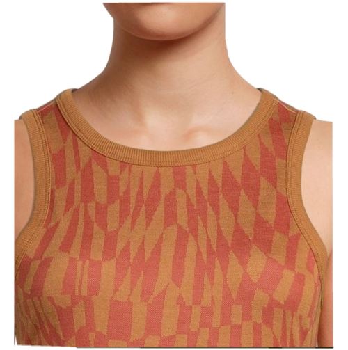 Crew neckline detail of brown sleeveless knit dress with geometric pattern
