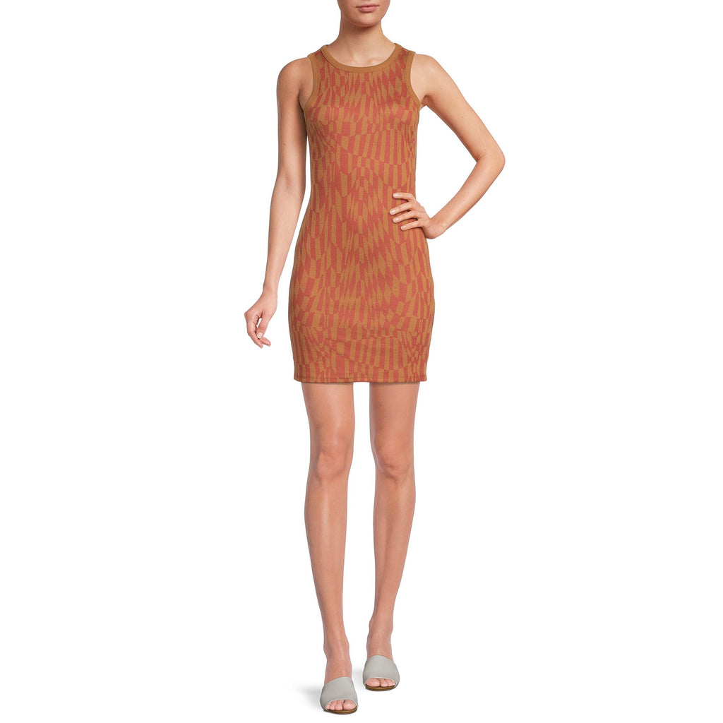 Brown sleeveless knit dress with geometric print, fitted sheath style