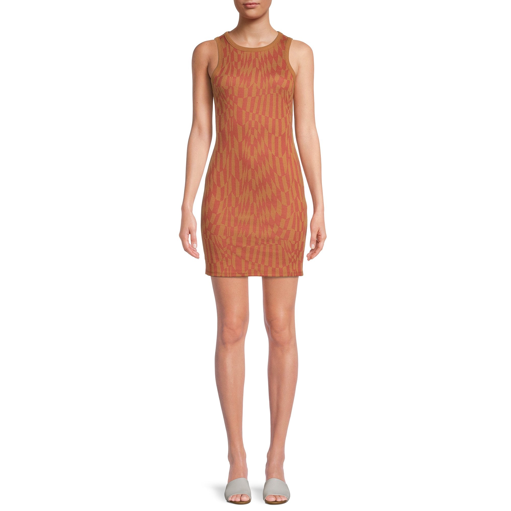 Brown sleeveless knit dress, geometric pattern, crew neck; size S