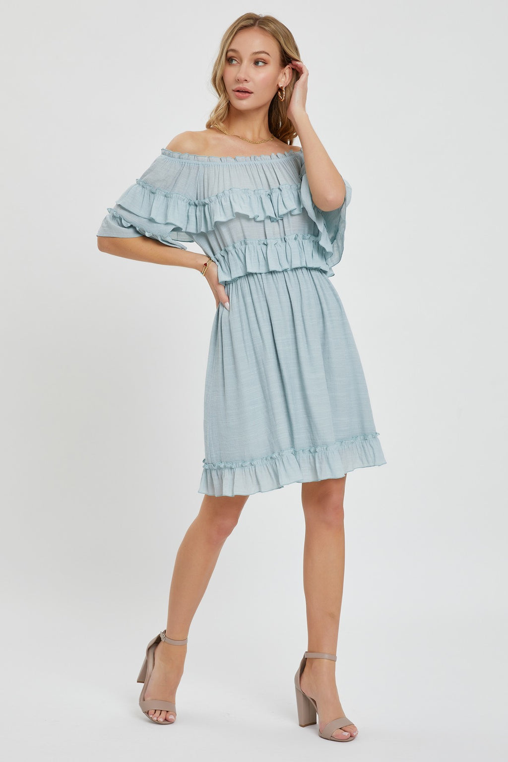 Misty blue off-shoulder ruffle knee-length dress with tiered skirt