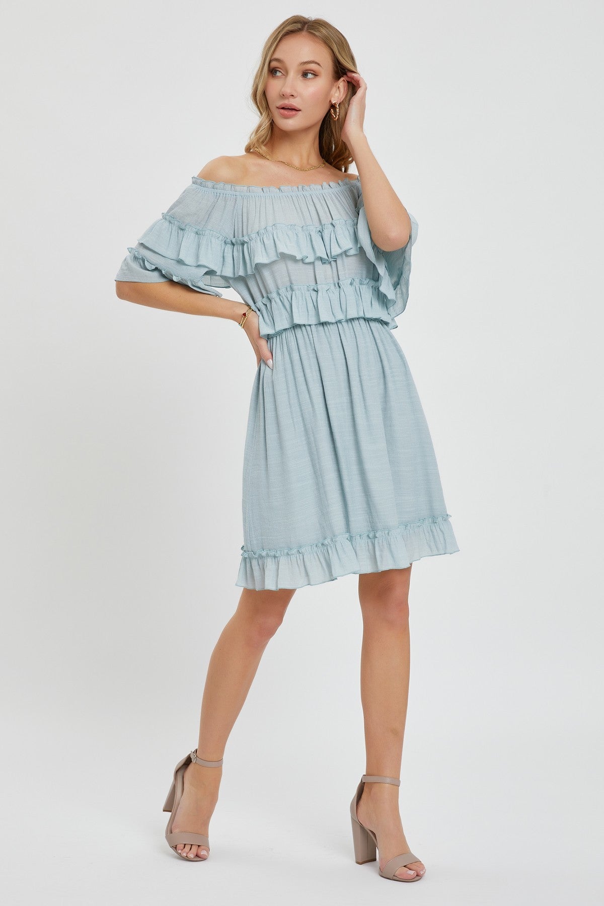 Misty blue off-shoulder ruffle knee-length dress with tiered skirt