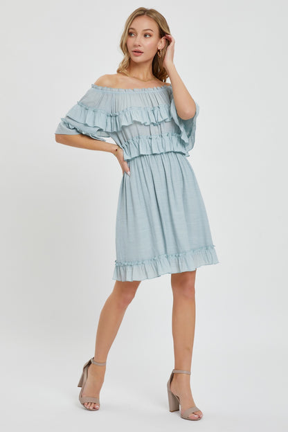 Misty Blue Off Shoulder Ruffle Knee Length Dress - Tigbul's Variety Fashion Shop