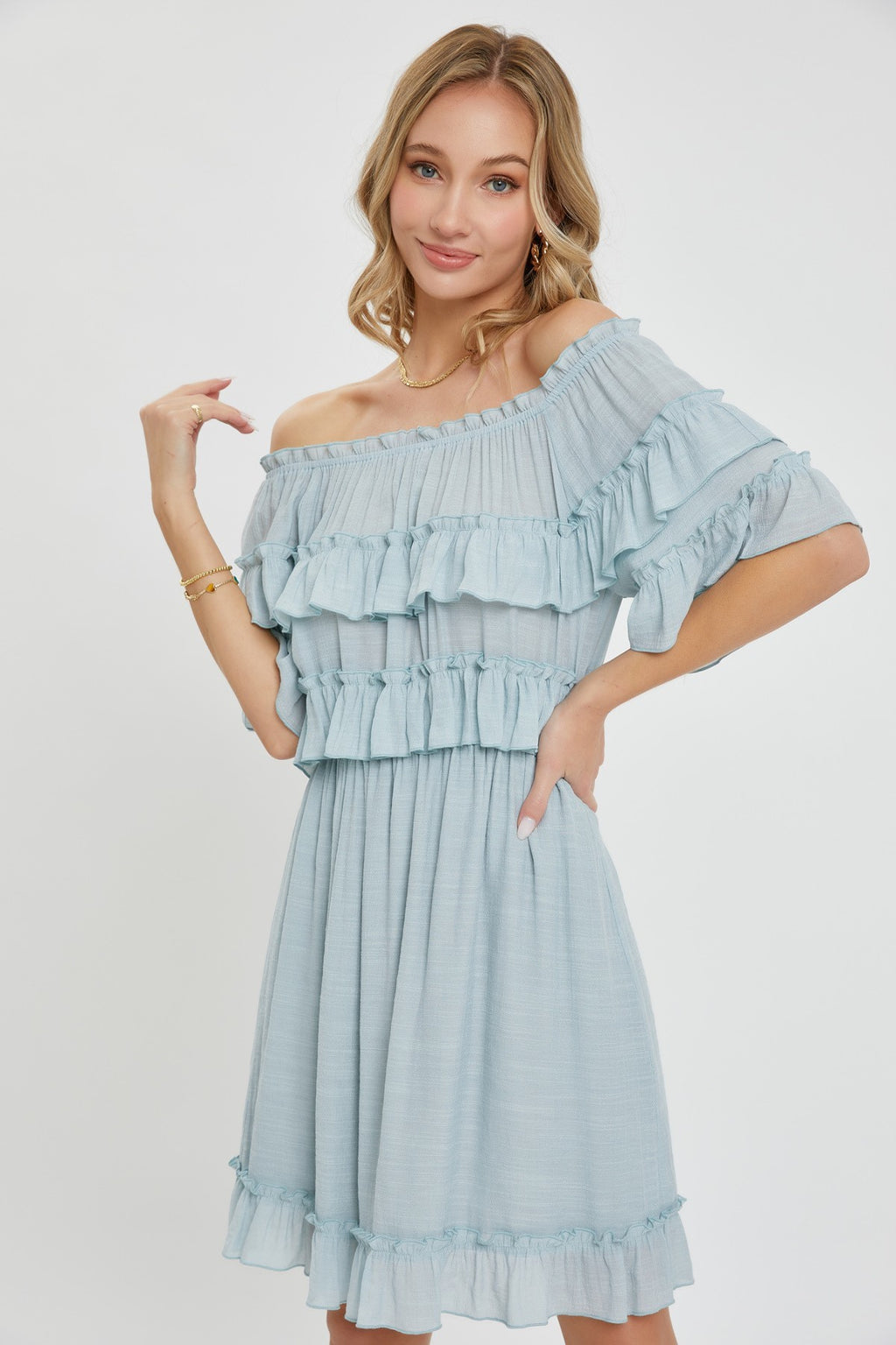Tiered misty blue ruffle knee dress, wide off-shoulder neckline