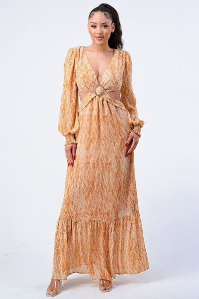 Yellow printed maxi dress, V-neck with self-belt and ruffled hem, long puff sleeves