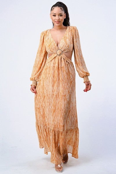 Yellow printed maxi dress, V-neck with self-belted waist, long puff sleeves and ruffle hem
