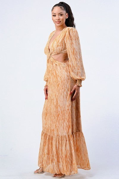 Yellow printed maxi dress with side cut-out, V-neck, self-belt and ruffled hem
