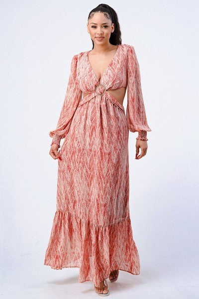 Terracotta printed maxi dress, deep V-neck, self-belted waist, tiered ruffle hem