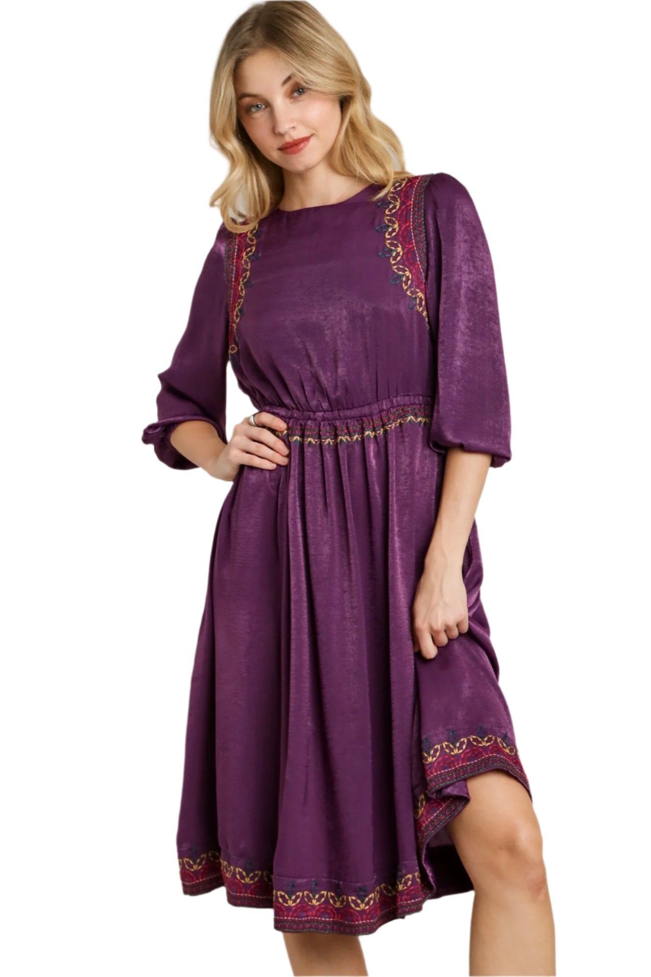 Purple satin midi dress with round neck, gathered waist, and gold trim embroidery
