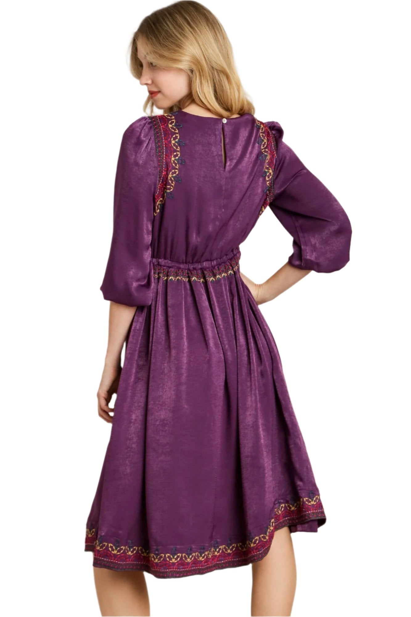 Purple satin midi dress back view with keyhole opening and gold embroidered shoulder trim
