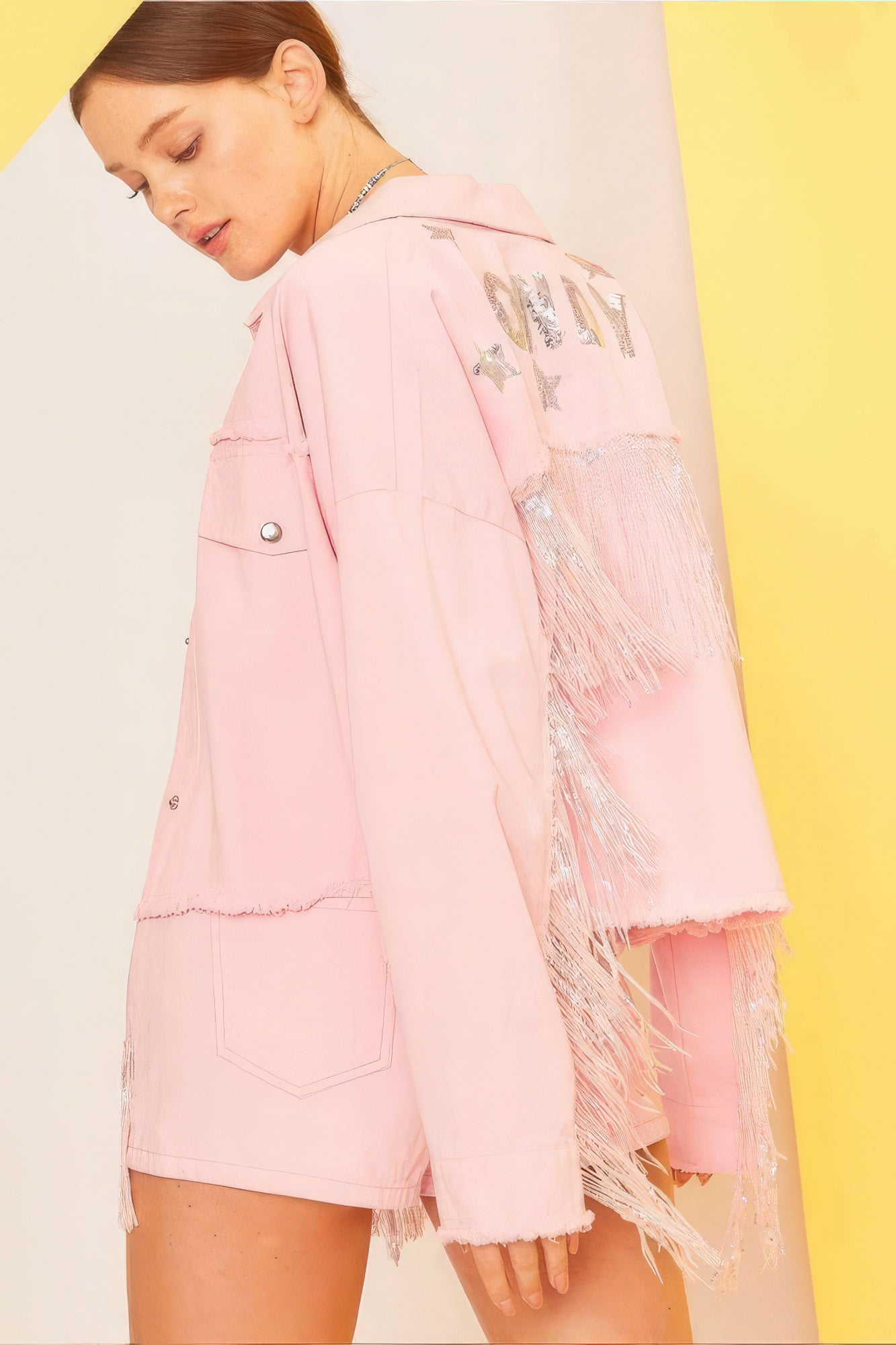Howdy sequin fringe jacket, pink, star patch detail and fringed hem